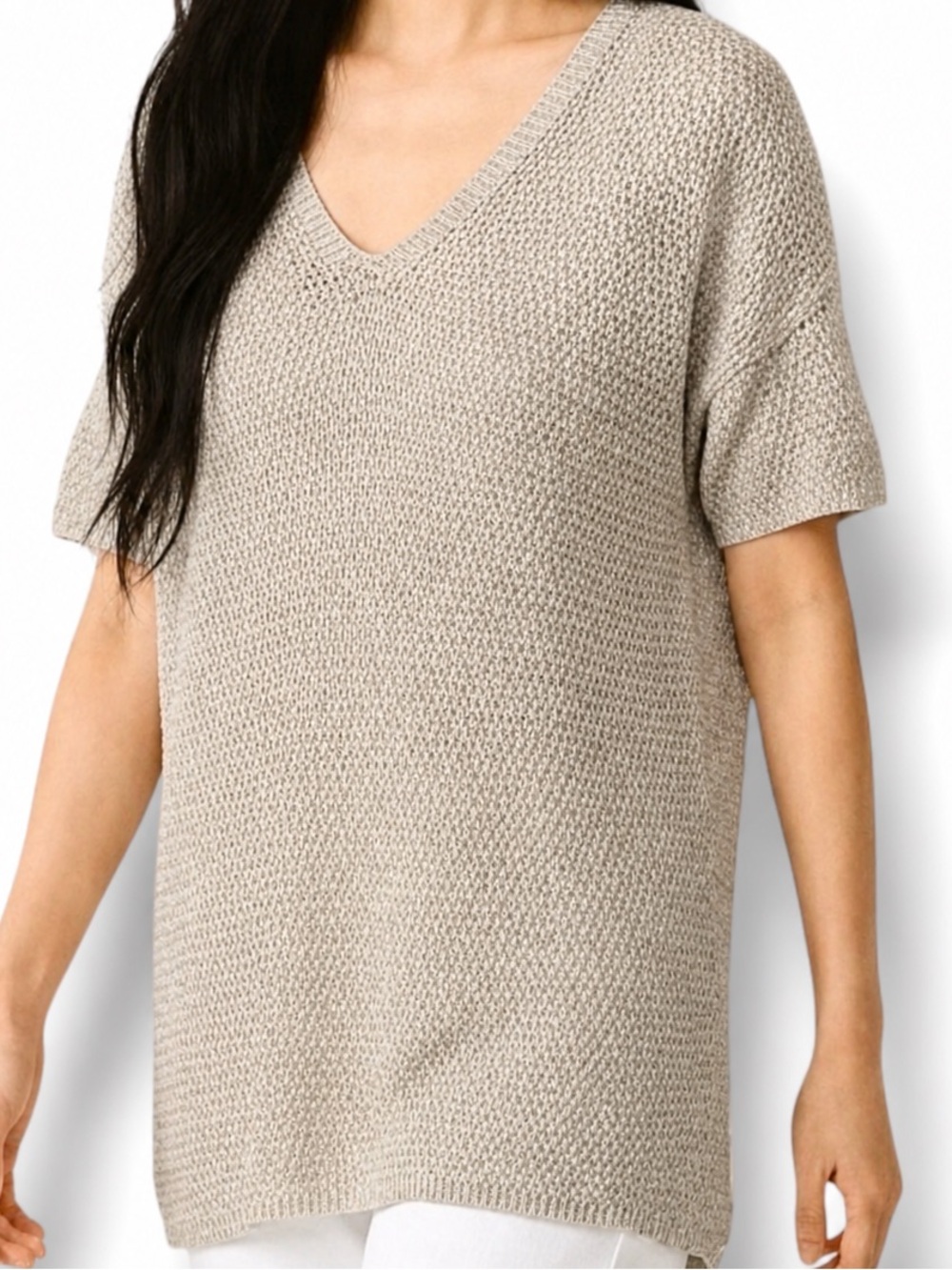 Eileen Fisher Linen Tunic Sweater Beige Petite Open Knit V Neck Loose Fit